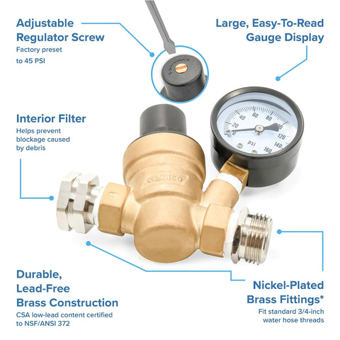 Camco adjustable brass water pressure regulator for RV/marine with gauge and garden hose threads