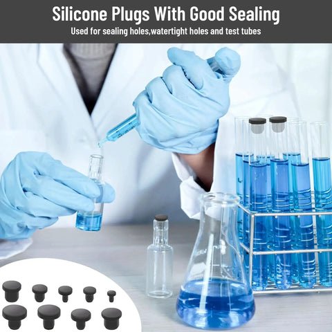 Scientist using 90 Pcs Silicone Rubber Hole Plugs Set With 9 Diameter Sizes for sealing test tubes in laboratory