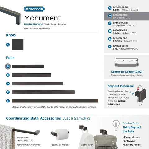 Oil Rubbed Bronze Cabinet Pull Monument Collection illustration with product variations and sizes