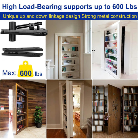 Hidden Pivot Door Hinge Set for Bookcases and Murphy Doors 600 lbs load bearing showcased in bookcase and door installations
