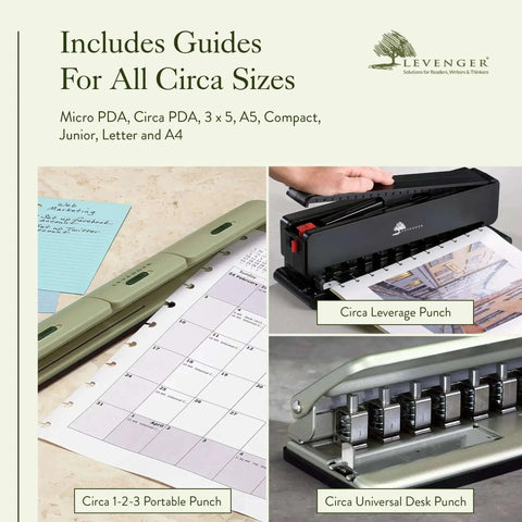 Circa 1 2 3 Portable Discbound Hole Punch, ultra lightweight mini paper puncher shown with Circa leverage and universal desk punch