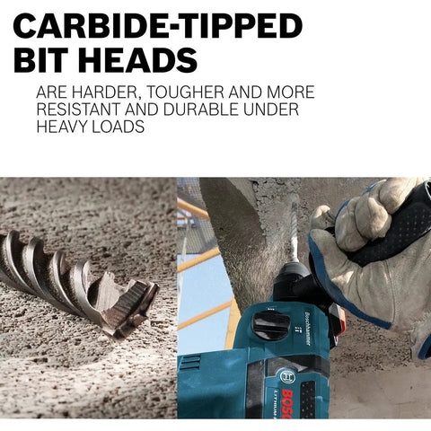 Close-up of Bosch HC2042 carbide-tipped rotary hammer bit drilling into concrete, demonstrating its durability and effectiveness in action.