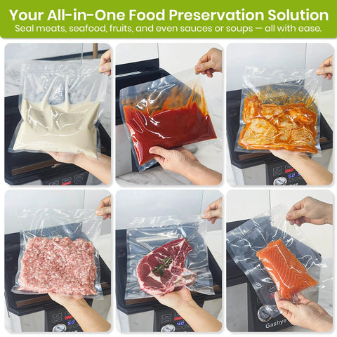 Gasbye chamber vacuum sealer, stainless steel with 5.3QT chamber and 11.5-inch sealing bar; bags show meats and sauces
