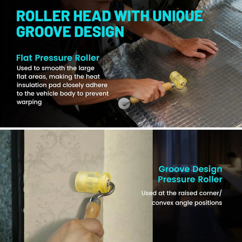 NuIth 3-in-1 auto car sound-deadening roller with groove design, yellow wheel heads and wooden handle.