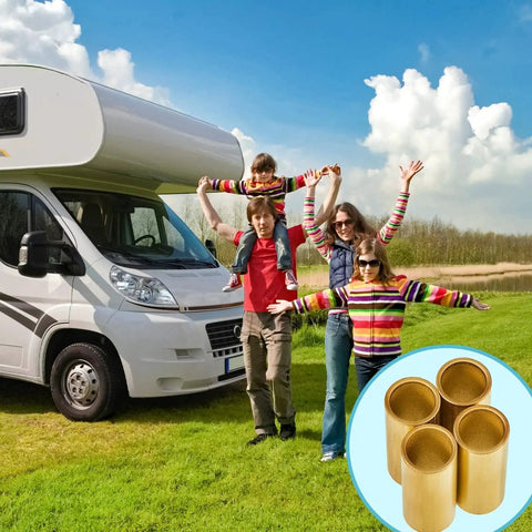 Family posing by RV with inset image of Six Piece Trailer Leaf Spring Bushing Kit With Brass Shackle Bushings For Trailer Axle Replacement