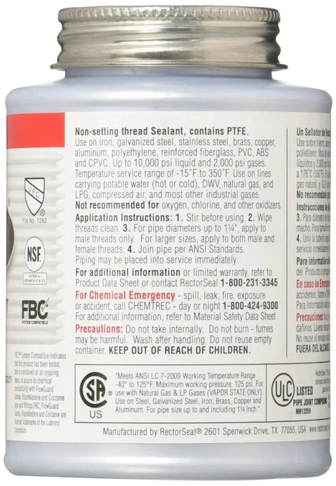 T Plus 2 Pipe Thread Sealant With PTFE White Non Setting 8 Oz Brush Top No Mess Applicator Meets TT-S-1732 Standard bottle back