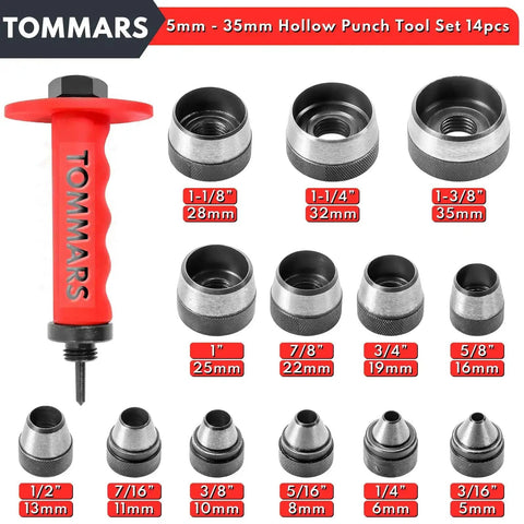 Hollow Punch Kit With Pinpoint Punch Shaft And Gasket Cutter Set, Fourteen Piece, sizes 5mm to 35mm, tool heads displayed.