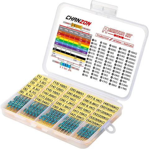 Chanzon 300pc 1/4W metal-film resistor kit in clear case with through-hole resistors, front view