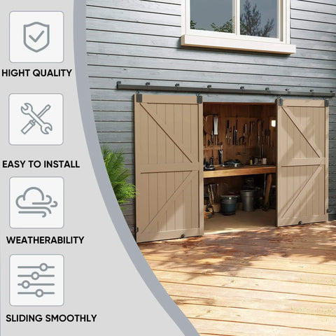 Heavy Duty 16 Foot Barn Door Hardware Kit Sliding Track System For Two Doors Wall Mount Black installed on exterior wall