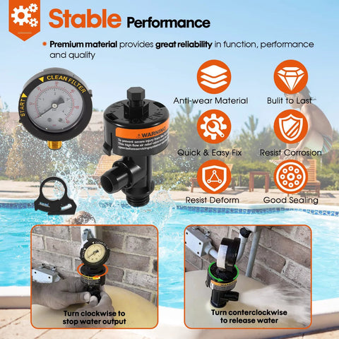 DearChan 98209800 high-flow manual relief valve assembly with pressure gauge for pool and spa filter; black