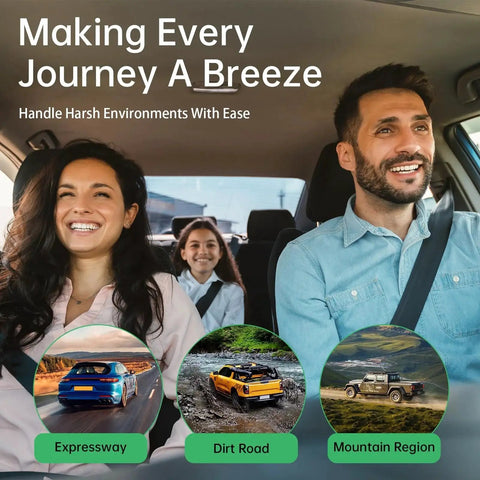 Smiling family inside a car with travel destinations: expressway, dirt road, and mountain region displayed.