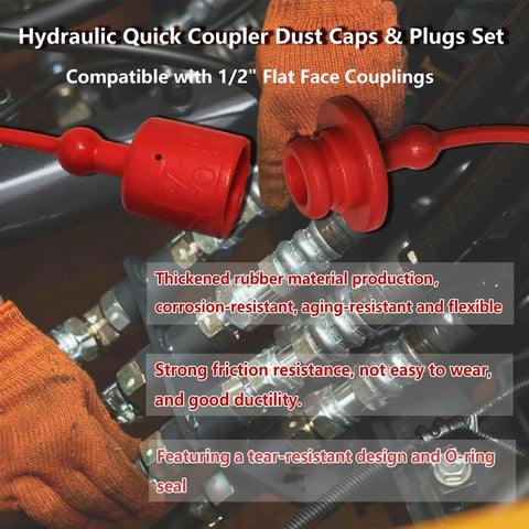 Ojeemii 8-pack hydraulic dust caps and plugs set, red rubber, for 1/2 in flat-face couplings on skid steer tractors.
