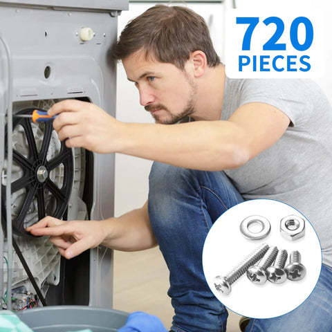 Man repairing a machine using the 720 Piece Stainless Steel Machine Screw Kit With Case Including Phillips Pan Head Nuts Bolts And Flat Washers SAE Sizes 10 24 8 32 6 32 4 40 For Home DIY Projects.