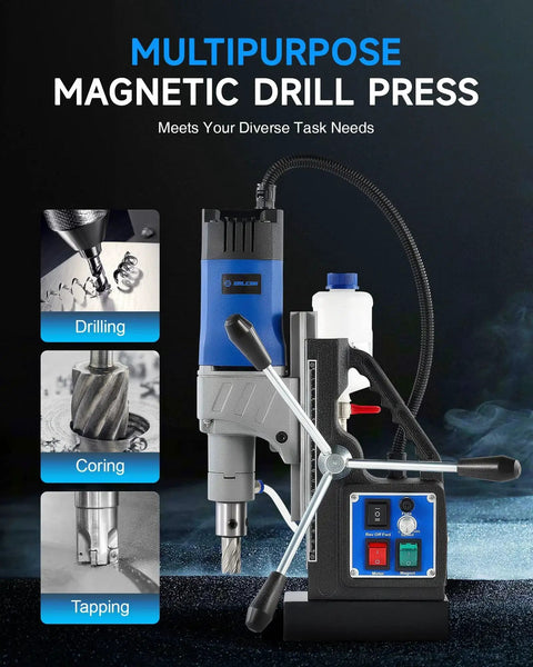 Beast 1550W Magnetic Drill Press With 2 Inch Boring Capacity, 11 Piece Bit Set, front view showing controls and attachments.