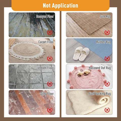 Image showing surfaces not suitable for Anti Slip Carpet Grips including jute rug, rubber rug, and uneven floors.