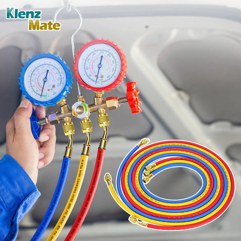 Klenz Mate refrigerant charging hose set, 3 hoses blue yellow red, 8ft with 1/4" flare fittings