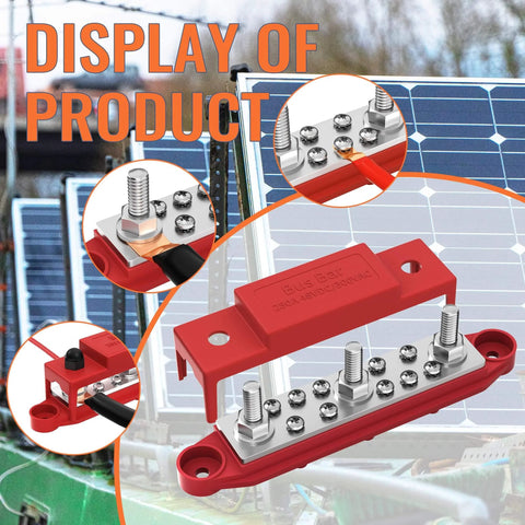 Beefy 12 Volt 250 Amp Power Distribution Block Bus Bar With Three Five Sixteenth Inch Studs in a solar setup
