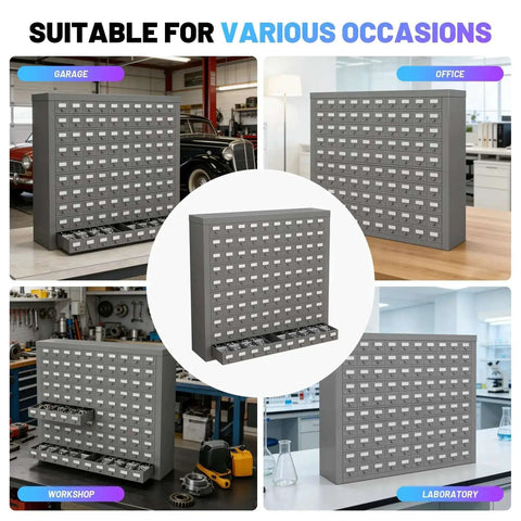 100 Drawer Metal Storage Cabinet For Nuts Bolts And Tools, Heavy Duty Gray Parts Organizer in multiple settings for various uses