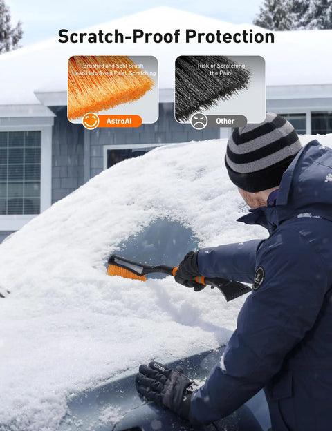 Person using 27 Inch Snow Brush And Ice Scraper For Cars Trucks And SUVs With Detachable Handle And Ergonomic Foam Grip Heavy Duty ABS Frame And PVC Brush Bright Orange For Fast Snow And Ice Removal on a snowy car hood.