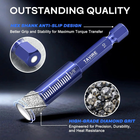 Close-up of Pro Grade Dry Diamond Drill Bit Set For Porcelain Tile Glass Ceramic Stone And Concrete With Vacuum Brazed Bits, 3/8 Inch, focusing on anti-slip hex shank and diamond grit.