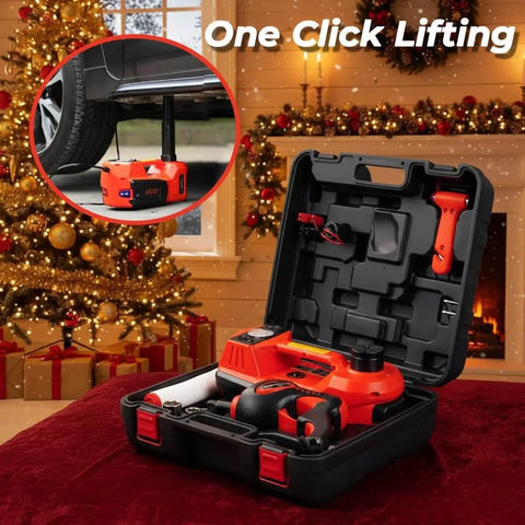 5 Ton 12V Electric Car Jack Kit With Built In Impact Wrench And Tire Inflator Pump in open case with holiday backdrop