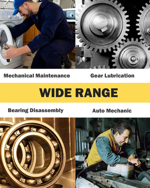 Collage of mechanical maintenance, gear lubrication, bearing disassembly, and auto mechanic in action