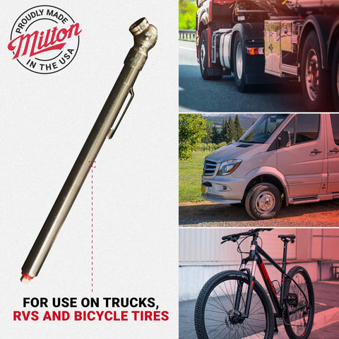 Milton S-925 pencil tire gauge with built-in deflator; slim brass tool for trucks, RVs and bicycles.