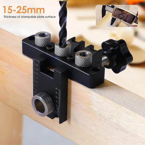 3-In-1 Dowel Jig Kit With Self Centering Doweling And Pocket Hole Jig For Straight Holes shown on a wooden beam.