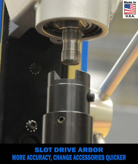 Close-up of slot drive arbor on Beefy 115 Volt Swivel Base Magnetic Drill Fabricator Kit with Integrated Coolant Bottle