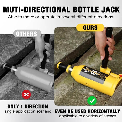 6 Ton Bottle Jack With Carrying Case And Pump Handle, Multi Directional Welded Car Jack For Sedans shown horizontally in use
