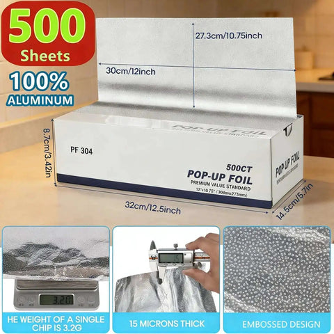 Heavy Duty Aluminum Foil Sheets 12 X 10.75 Inches, 500 Count Pre Cut Pop Up Dispenser, Thick Durable Kitchen Wrap with measurement details