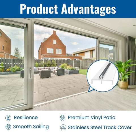 Double Panel Sliding Door Track Kit 96 Inch Vinyl Bottom Rail For Patio Doors Heavy Duty Replacement Track Compatible With Most Brands Smooth Operation visible in patio setting with stainless steel cover inset.