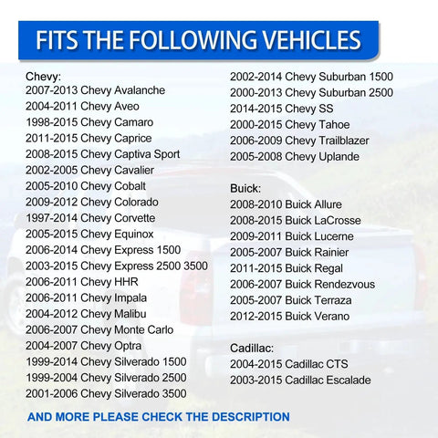 List of compatible vehicles for Engine Coolant Temperature Sensor Direct Fit Replacement for GM trucks and SUVs.