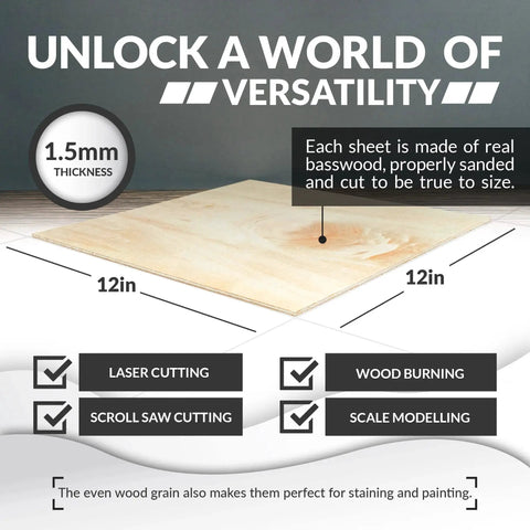 Basswood Sheets for Crafts 10 Pack 12 X 12 X 1 16th Inch 1.5mm Thick Warp Free Smooth Surfaces Great for Laser Cutting Wood Burning Architectural Models Staining Drawing and Everyday DIY Projects, shown with dimensions and uses.