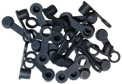 25 Pack Brake Bleeder Screw Caps For Grease Zerks Rubber Dust Covers With Keeper Leash in a pile, black rubber material