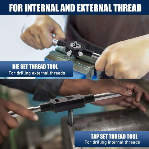 Hands using 45 Piece Metric Tap And Die Set For Threading And Rethreading M6 To M25 With Wrenches, showing die and tap tools in use