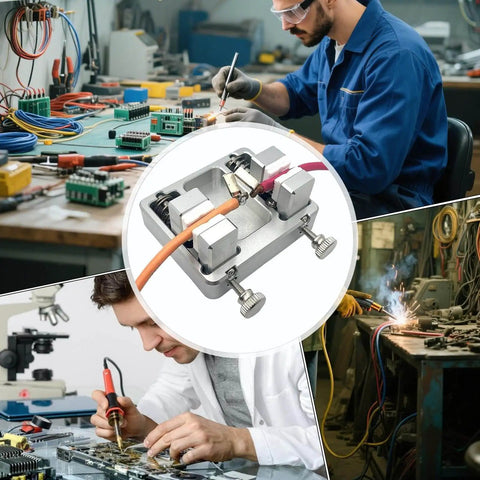 Adjustable Heavy Duty Soldering Jig For Circuit Board Mounting And Welding, Pro Grade Sturdy Aluminum Fixture showcased in action