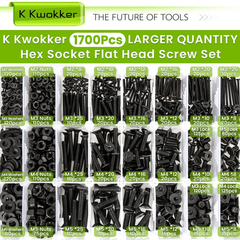 Pro Grade 1700Pcs Metric Screw And Nut Kit With Washers And Hex Keys Black 10.9 Alloy Steel M2 M3 M4 M5 Screws Nuts Bolts Set