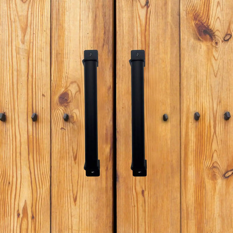 9 Inch Black Barn Door Handles 2 Pack Gate Pulls For Wooden Fences Sheds And Garages Sliding Doors Rustic Farmhouse Industrial Style Exterior And Interior Pulls Frosted Black Finish For Outdoor And Indoor Use installed on wood door