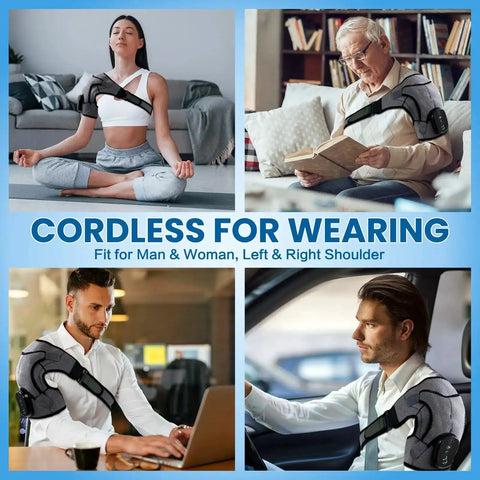 People wearing Cordless Shoulder Heating Pad With Massage On The Go, showing usage while sitting, reading, working, and driving.