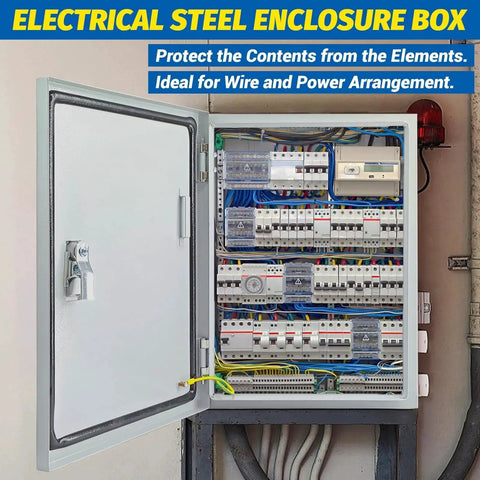 Open Heavy Duty Steel Electrical Box 16 X 12 X 8 Inches NEMA 4X Weatherproof Junction Enclosure showcasing wiring and components