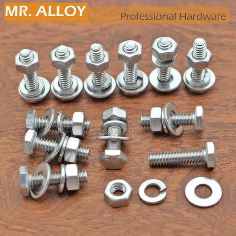 Durable 1/4-20 hex bolt kit with nuts, flat washers and lock washers in premium 304 stainless steel, shown assembled and unassembled.