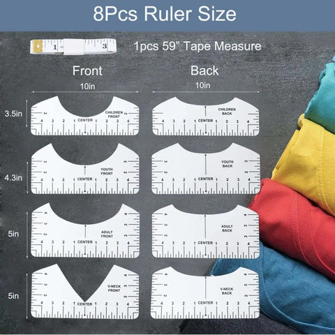 9 Piece T Shirt Alignment Ruler Set For Easy Centering Of Vinyl Designs On Heat Presses Includes Four Size PVC Rulers 10x5 10x4.5 10x3.5 10x2.5 And A 59 Inch Soft Measuring Tape Transparent Front And Back Measurement Guides For Kids Teens And Adults.