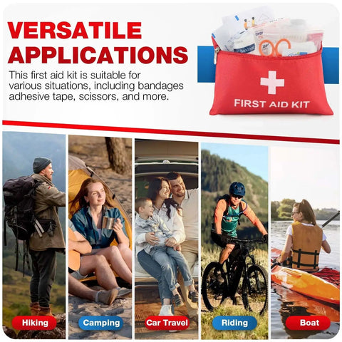 Image of Compact 107 Piece First Aid Kit For Home Car Travel Hiking Camping And Outdoor Sports, showing multiple activities.