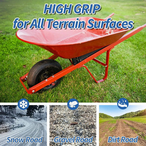 13.5 Inch Solid Flat Free Wheelbarrow Tire 4.00-6 With 5/8 Or 3/4 Inch Axle Bore installed on red wheelbarrow, ideal for all terrain