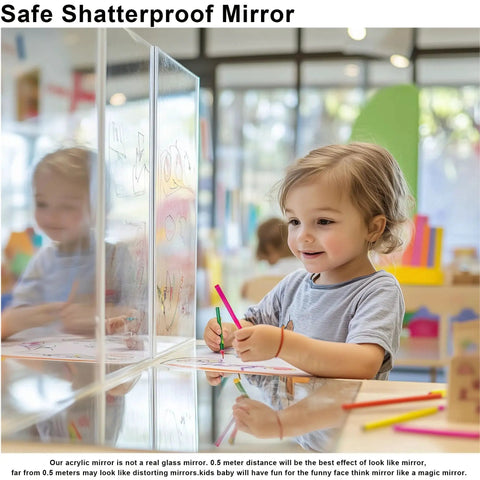 Child drawing with crayons on table reflecting in a safe shatterproof mirror divider in a colorful playroom.