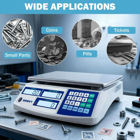 Counting Scale for Inventory and Small Parts with 30kg Capacity and 0.1g Precision, digital display, shown with coins and small parts.