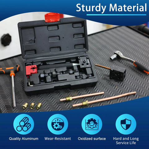 Brake Line Flaring Tool Kit For 3/16 And 1/4 Tubes With SAE 45 Degree Flares in open case with tools on workbench