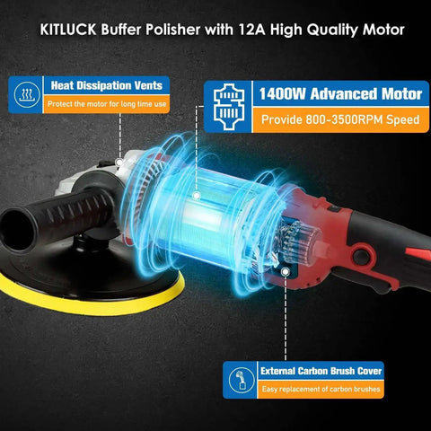 Beast 1400W Rotary Car Polisher With 6 And 7 Inch Pads, Variable Speed 800-3500 RPM, showcasing motor details and features