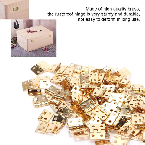 Brass Mini Hinge Set 100 Pieces With 400 Screws for jewelry boxes and miniature furniture, pile of shiny brass hinges.